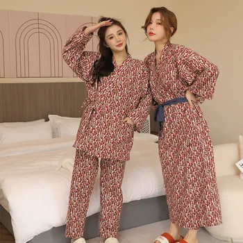 Outono Quimono Japonês Namoradas Pijamas Moda de Impressão Laço de Pijamas para Mulheres Casuais Solta Domésticos, Roupas de Duas peças de Conjunto