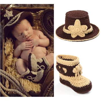 Crochet Baby Chapéu de Cowboy e Botas de Conjunto na cor Marrom Recém-nascido Menino da Foto Adereços Artesanais Malha Bebê Chapéu e Botas H034