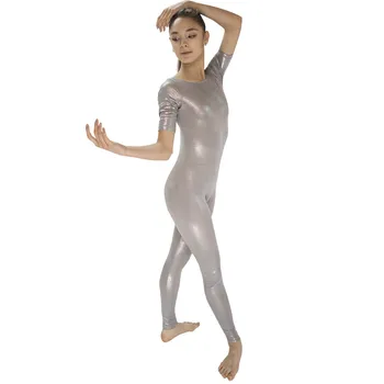 Cinza prata Holograma Pequenos Pontos Mangas Curtas Dança Unitards Longo Bodysuit para Senhoras e Meninas, Mais Cores Disponíveis