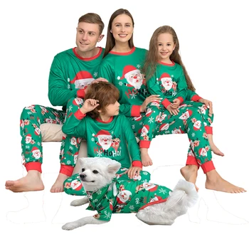 2022 Atacado Verde De Impressão Do Natal De Papai Noel Pijamas Família Pai-Criança Conjunto De Pijama Longo Pijamas Combinando Roupas Roupas