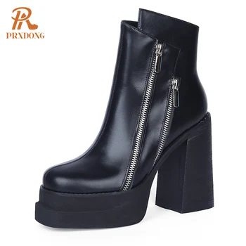 PRXDONG 2023 Clássico Mulheres Ankle Boots Vestido Trabalho de Outono Inverno Casual Grossos sapatos de Salto Alto de Couro Genuíno de Calçado de Mulher Tamanho 39