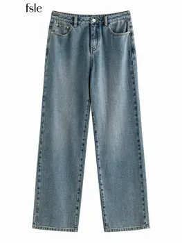 FSLE Mulheres Retro Lavado calça Jeans Reta de 2022 no Inverno Nova de Algodão Denim Azul Design com Zíper Comprimento Total Jeans do Inverno das Mulheres, Jean