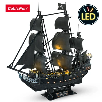 CubicFun 3D Puzzles 293Pcs Queen Anne Revenge Navio Pirata Presentes com 15 Lâmpadas LED Veleiro Modelo de Construção de Kits de Brinquedos para Adultos