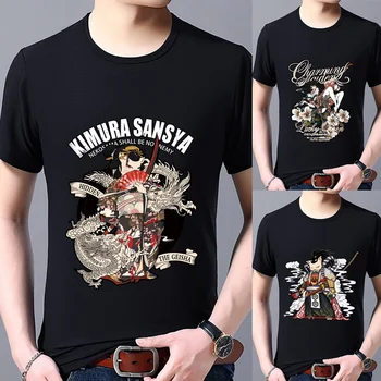 Moda masculina Casual 2022 Tops Gato Samurai T-shirt de Impressão Casual Preto Tee de Todos-jogo Personalidade Suave em torno do Pescoço Camiseta masculina