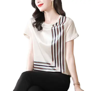 2022 O-Pescoço Mulheres Designer de Cetim T-shirts de Manga Curta Impresso Elegante e Feminino Tops Estilo de Coreia do Verão Casual Office Topo Mulher
