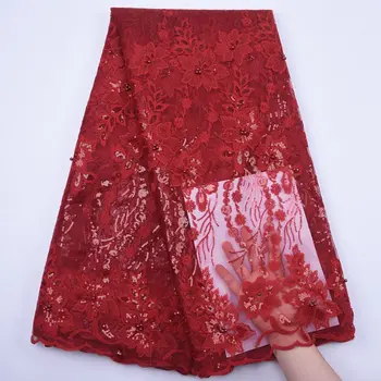 Vermelho Africano Tecido De Renda 2020 Alta Qualidade Nigeriano Lantejoulas Laços Tecidos Frisado Francesa, Tule Tecido De Renda Para Mulheres De Vestido S1862