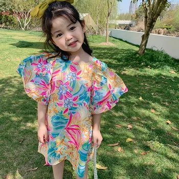 2022 Verão Moda Menina Vestidos De Princesa Roupa Bonito Do Partido Flor De Algodão Crianças De Manga Curta Vestido Floral Doce