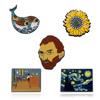 Van Gogh é uma Obra de arte Pinturas Céu Estrelado Broche Romântica ilusão Obras de Girassol Esmalte Pinos Acessórios de Jóias Para o Presente