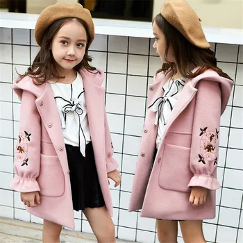 2020 Inverno Meninas Casacos de Lã de Crianças com capuz bordado Casacos para Crianças de Outono Roupas Quentes Casual Garotas Grandes Outwear Longo