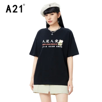 A21 Verão 2022 Moda de Manga Curta T-Shirts para Mulheres Solta Chinês Carta Bonito Feminina de Impressão Preto Tops, Camisetas 100% Algodão