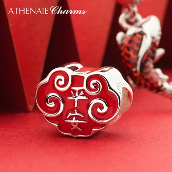 ATHENAIE Chinês Seguro e Som Encantos de Prata 925 Esmalte Vermelho Ano Novo Abençoe Contas para Pulseira de Presente de Aniversário