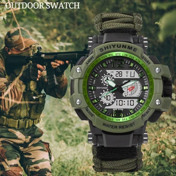 SHIYUNME Sobrevivência ao ar livre dos Homens Relógio Multifuncional Impermeável Tático Militar Paracord Assistir a Bússola Termômetro Relógio masculino