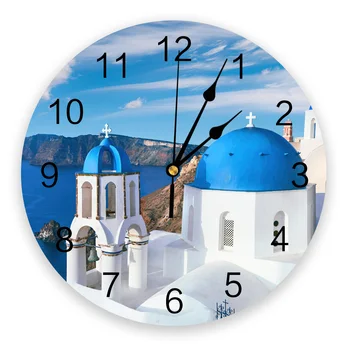 Grécia Santorini Azul Telhado da Igreja Relógio de Parede Design Moderno Relógios Pendurado na Parede Decoração Sala Redonda, Relógios de Parede de PVC