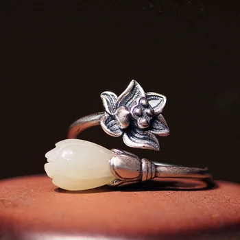 Natural Hetian Magnolia Flor de lotus Abertura de Anel Ajustável Chinês de Estilo Retro Boêmio charme jóias de prata