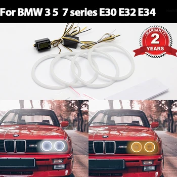 para a BMW 3 5 7 série E30 E32 E34 Branco e amarelo Dupla-e-branco de Algodão de cor de LED Angel eyes kit de halo anel de DRL sinal de volta a luz