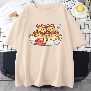 Takoyaki Bonito Impresso T-Shirt Fêmeas Kawaii Desenhos Animados Gráfico Roupas Da Mulher De Esportes Oversize Harajuku Camisetas Engraçadas Meninas T-Shirts