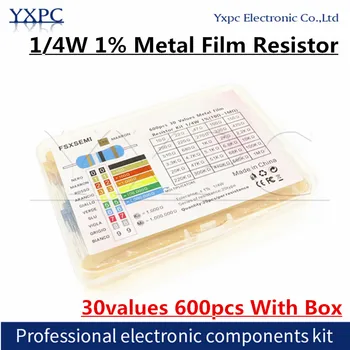 30values*20pcs=600pcs 1/4W Resistência de 1% de resistores de Filme de Metal Pack Kit Sortido de 1K 10K 100K 220ohm 1M Resistores