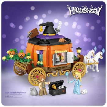 Halloween Série de Abóbora Carro Blocos de Construção Montado para Crianças de carros de Brinquedo, Modelo de Decoração de Creativefor Crianças, Presente de Halloween