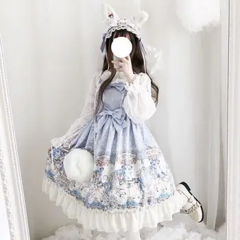 Azul Doce de Impressão Japonês Lolita Macio Menina Super Fada Princesa Tea Party Suspensórios Jsk Arco de Uma linha Diária de Verão Vestido de Princesa