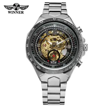 VENCEDOR de Negócios dos homens relógios de prata pulseira de aço relógios de pulso mecânico automático relógios