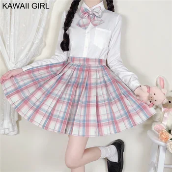 Escola Japonesa Uniforme Menina Saias Plissadas Ternos De Alta Cintura De Uma Linha De Saia Xadrez Feminino Kawaii Girl Harajuku Jk Uniformes Conjunto Completo