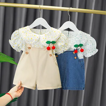 Nova Verão do recém-nascido menina roupas de bebê roupa conjuntos florais camisa + jeans macacão terno para meninas de roupas de bebê de 1 ano de aniversário conjuntos