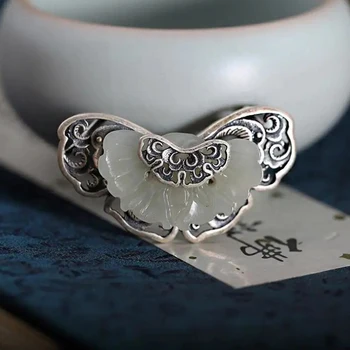 Novo design original embutidos natural de calcedônia forma de borboleta broche pingente estilo Chinês retro charme único de jóias de prata