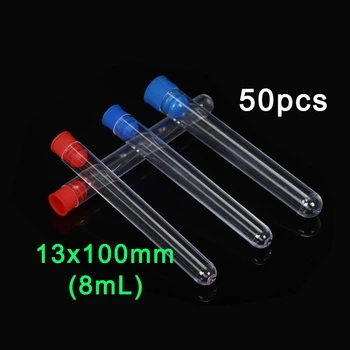 50pcs Laboratório Transparente Tubo de Ensaio 13x100mm ( 8ml ) Limpar Plástico dos PP Tubos de Ensaio Conjunto Com o Azul Ou o Vermelho Caps