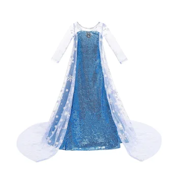 Congelados Aisha Crianças Vestido de Princesa de Malha Vestido de Lantejoulas Meninas Rainha da Neve Elsa Vestido de floco de Neve Cabo Longo de Festa Cosplay Saia