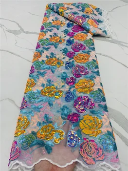 PGC-Africana de Malha de Tecido de Renda Embroiderey Com Lantejoulas de Tule francês Cordões de Tecido Para Nigeriano Vestido de Festa de Casamento de Costura LY195-1