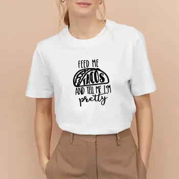 ME ALIMENTAR de TACOS Impresso T-shirt Manga Curta as Mulheres de Verão, O decote em Algodão T-Shirt das Mulheres Solto e Casual T-Shirt Femme Preto & Branco