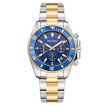 Moda masculina Relógio de Aço Inoxidável de Prata-Ouro Cronógrafo Impermeável Relógio Quartzo Analógico para Homens de Negócios Mostrador Luminoso