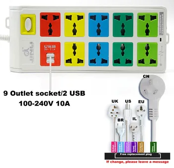 100~240v 10A Protegidos contra picos de corrente De 9 de Saída e 2 Porta USB de Carregamento faixa de energia com a UA, UE, EUA Tipo de Soquete