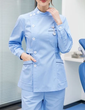 Manga longa Esfrega Conjunto de Enfermeira de Uniformes, jaleco e Calça para Mulheres Outwear Médica Roupas Salão de Beleza Longo Vestuário de trabalho