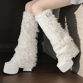 2022 Moda as Mulheres Joelho Alto Botas de Pu e de Pelúcia Plataforma Robusta de Alta Calcanhar Botas Punk Dedo do pé Quadrado Outono Inverno Sapatos de Senhora