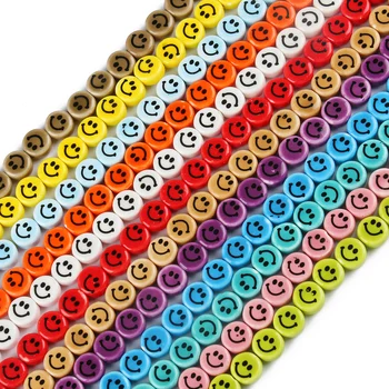30pcs Multicolor Smiley Face Feliz Cerâmica Esferas Espaçador, Disco de Contas para DIY Jóia feito a mão, Bracelete, Colar de Artesanato