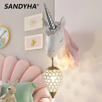 Nordic Unicórnio Lâmpada de Cristal do Suporte Sutia para Crianças, Casa, Iluminação de Interiores Quarto de Menina-de-Cabeceira Sala de Resina da Lâmpada de Parede