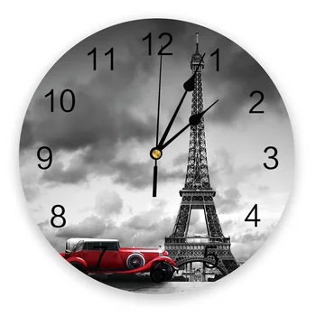 Paris, A Torre Eiffel Com O Carro Vermelho, Relógios De Parede, Decoração De Cozinha Moderna Teen Quarto Quarto Sala Decoração Relógio De Parede