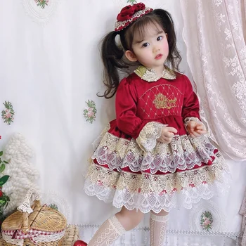 Garota de Outono/Inverno de Lolita Vestido de Veludo espanhol Filhos Vestido de Princesa de Ano Novo Vermelho Aniversário Vestido Vestido de Natal Eid Vestido