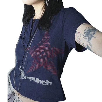 A moda Harajuku T-Shirt y2k Estética de Fadas Grunge Impressão de Estrela Gola Redonda, Manga Curta T década de 2000 Mulheres Tops Gráfico Streetwear