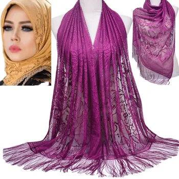 Lslam Muçulmano Nuvem Hijab Cachecol, Xale Envolve Pura cor do laço oco franja Longa lenço WJ002
