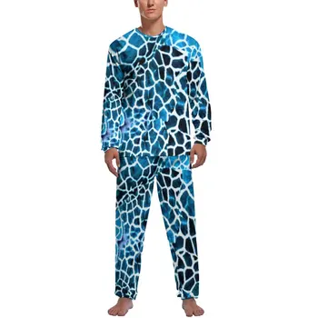 Girafa de Impressão Pijama Primavera 2 Peças Azul-e-Branco Retro Pijama Conjunto de Homens Manga Longa Home Padrão de Pijamas