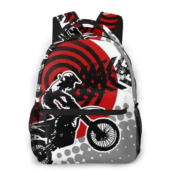 Piloto de Motocross Dirt Bike Com Marcas de Pneu No Monocromático Casual Mochila de Viagem mochila com Bolsos para Rapaz Estudante