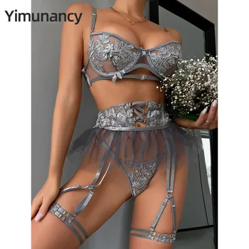 Yimunancy 3 Peças Bordado De Lingere Conjunto De Mulheres Elegantes De Luxo Bown Vestido Sexy, Erótico Definir Breve Liga Kit