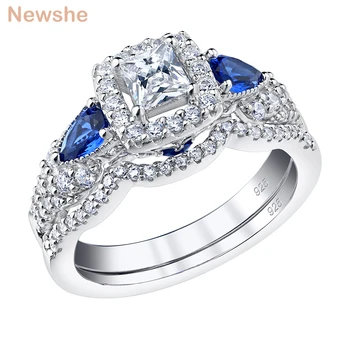 Newshe 2Pcs Sólida Prata 925 Esterlina de Casamento, Anéis de Noivado para as Mulheres Princesa Cortar Azul Pêra AAAAA sobre zircão de Noiva Conjunto