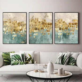 3pcs Conjunto Abstrato Verde Azul Pintura Com Folhas de Ouro Nórdico Moderno Pôsteres E Impressões de Arte de Parede Para Sala de estar Decoração Home