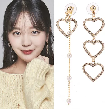 JIOFREE Nova coreano Charme Pérola de Borla Cristal do Coração de Amor Clip de Brincos para Mulheres Moda Assimétrica Brinco Jóias de Luxo
