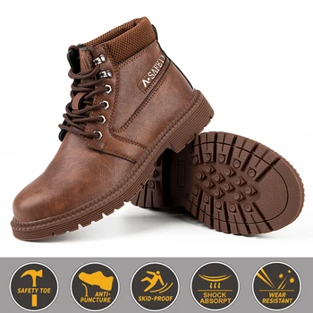 Homens de Botas de Segurança de Aço Toe Sapatos de Trabalho Confortável, Botas de Homens de Calçados de Segurança em Couro Impermeável Botas de Inverno da Prova da Punctura Botas de Trabalho