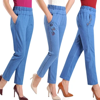 L-5XL Jeans Feminino 2022 Primavera Verão Novo Bordado Nove Calças Jeans Slim Cintura Alta Elasticidade Casual Mulheres de Cowboy, Calça H450
