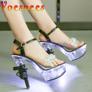 Voesnees PVC Casamento de Mulheres Sapatos de Fivela de Cinta de Cores Sólidas Sexy Cristal 14CM Plataforma Sandálias Brilhante Pistola de Calcanhar Aberto Toe Sapatos